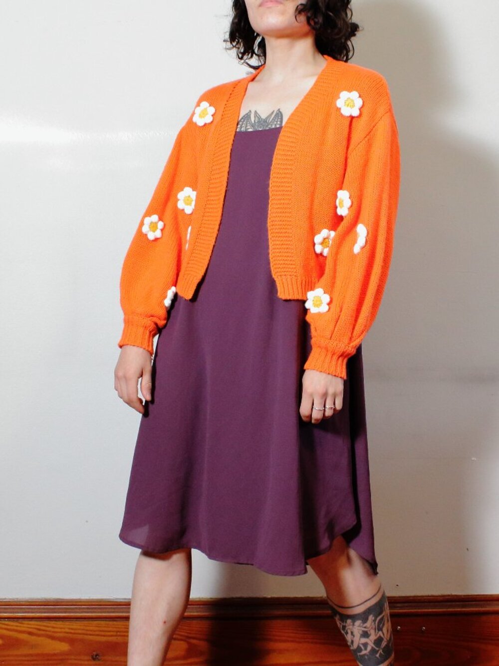 Cotton Emporium Orange Floral Knit Cardigan Size XS